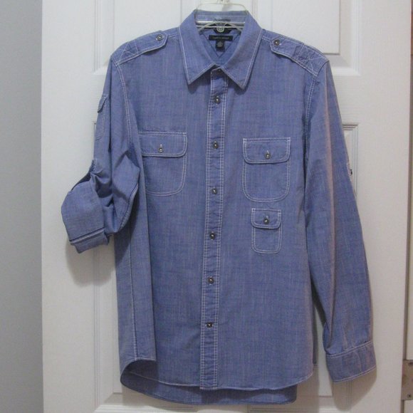 Tommy Hilfiger Blue Chambray Roll Tab Sleeve Casual Shirt - Picture 1 of 13